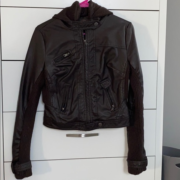 Brown Leather Hooded Jacket w/ Sweater Material - Picture 3 of 11
